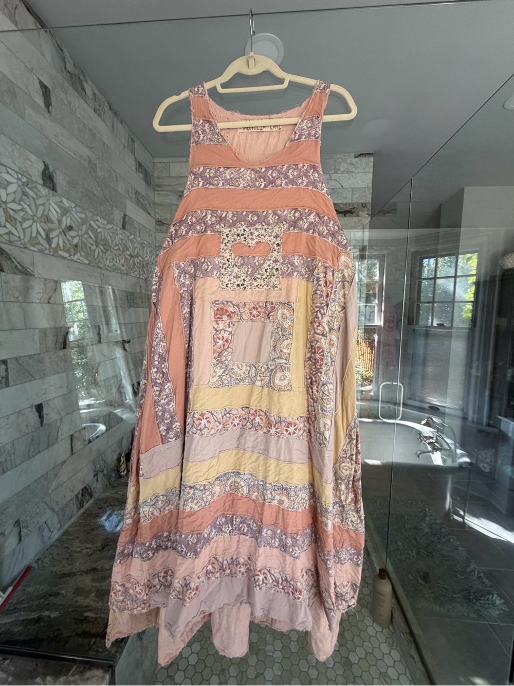 Magnolia Pearl Boho Patchwork Maxi Dress in Peach and Pastel